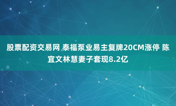 股票配资交易网 泰福泵业易主复牌20CM涨停 陈宜文林慧妻子套现8.2亿